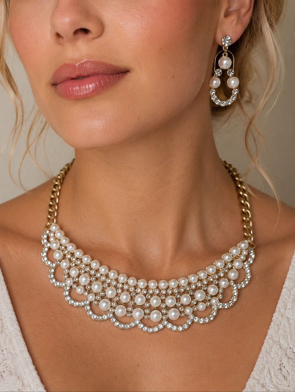 Bibb Necklace & Hoop Earrings Set Faux Pearl CZ Crystal Classic Bridal Jewelry